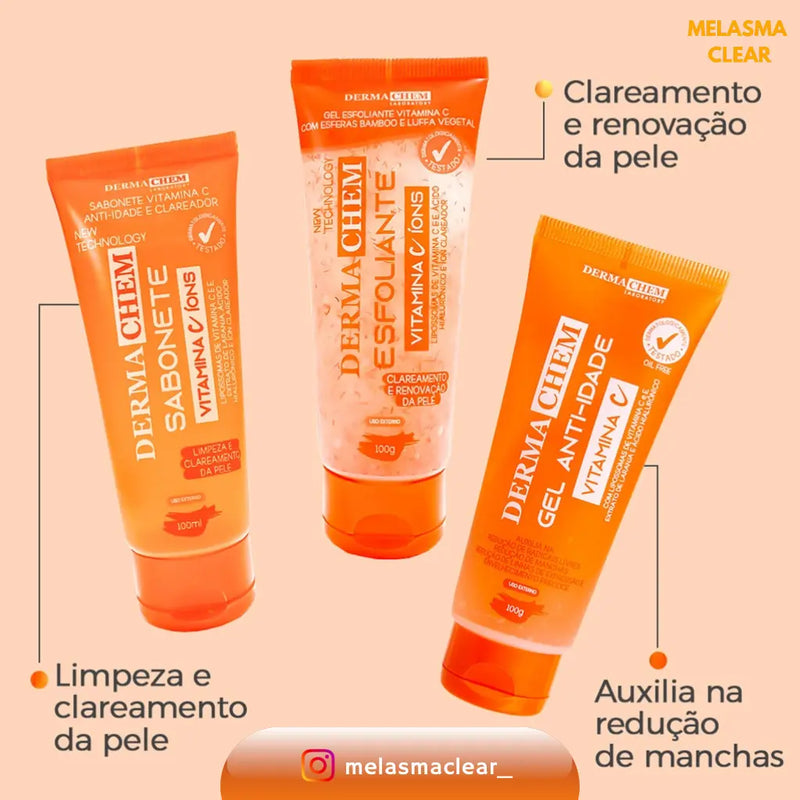 Kit 3unidades MELASMA CLEAR 1 Gel Esfoliante +1 Sabonete Facial +1 Gel Anti-Idade - 100g cada Melasma Clear