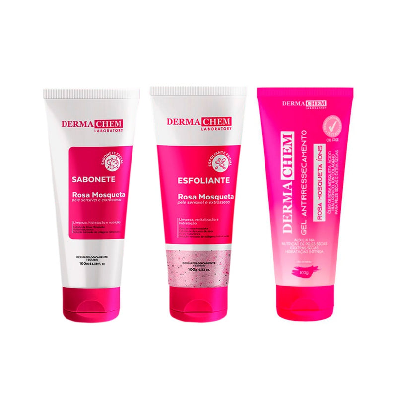 Kit 3unidades Rosa Mosqueta  1 Gel Antirressecamento +1 Sabonete  +1 Esfoliante - 100g cada Melasma Clear